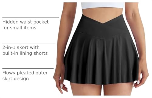 Image of CHRLEISURE Women Tennis Golf Skirt with Pockets - High Waisted Crossover Golf Pleated Athletic Workout Dress Running Skort