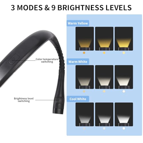 Book Light, 3-Color & 9-Brightness Reading Light, Bendable Neck Light, 80-Hr Lasting Rechargeable Lamp, Perfect Book Light for Reading in Bed, Knitting, Camping,Book Lovers (Classic, 2) by Bsdgeclogy - Image 2