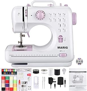 Sewing machine for beginners with instructional DVD, 5 languages manual, 52PCS accessories, 12 stitches 2 speeds double thread, MARIG FHSM-505