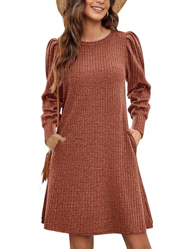 Zeagoo Women's Knit Dress with Puff Sleeves for Fall & Winter - Round Neck Casual Tunic Dress2
