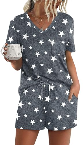 Image of RUBZOOF Women's Short Sleeve Pajama Sets with Pockets Casual V Neck 2 Piece Lounge Sets S-3XL
