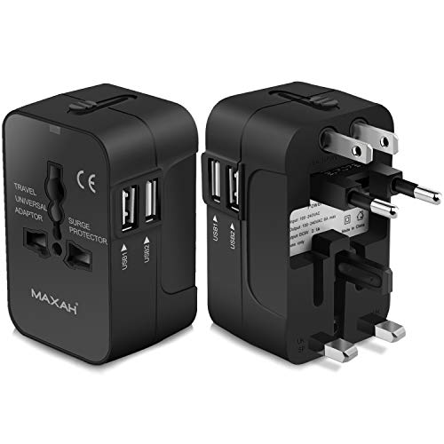MAXAH Universal Travel Plug Adapter, All in One Worldwide Universal Wall Charger AC Power Converters Plug with 2.1A Dual USB Charging Ports for EU US UK AU - Black