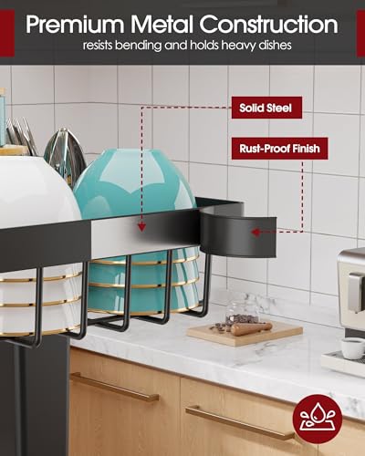 Sakugi Over The Sink Dish Drying Rack - Adjustable 2 Tier Large Capacity Stainless Steel Drainer with Cutlery & Utensil Holders, Kitchen Storage & Organization, 30"-33.9" L x 11" W x 21.5" H, Black - Thumbnail 6