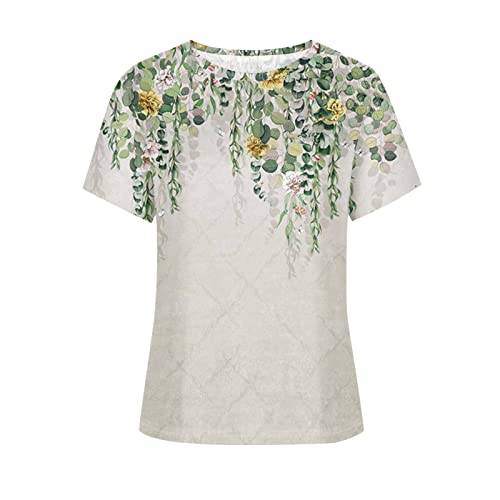 Skdogdt Summer Short Sleeve Tops For Women Trendy Casual Floral Graphic Shirts Blouses Plus Size Crew Neck Boho Henley Tees #TOP4