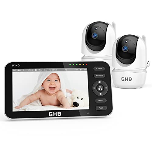 GHB Babyphone mit 2 Kameras 5 Zoll 720P HD IPS-Display mit 4000mAh Akku Pan/Tilt 350°/110° VOX-Modus Gegensprechen Nachtsicht Temperaturanzeige