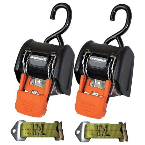 CargoBuckle G3 2-Inch Retractable Ratchet Tie-Down System (2-Pack) with Heavy Duty Straps & S-Hook, 3,500 lbs Break Strength, and F14087 E-Track Adapter Straps (2-Pack)