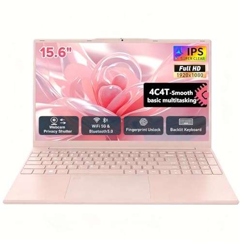 Image of Auusda Lightweight Portable Pink Laptop, 4C4T-Processor, 15.6 inch FHD IPS, Backlit Keyboard, Privacy Camera, Fingerprint Reader, Win 11 Pro, USB 3.0, HDMI, for Business Work Study, 8GB RAM 128GB NVMe SSD