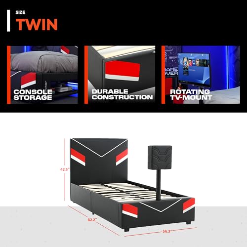 X Rocker Orion eSports Twin Gaming Bed, with Rotating TV Mount, Black Faux Leather, Durable Frame and Padded Headboard, 82.28" x 41.34" x 42.52"