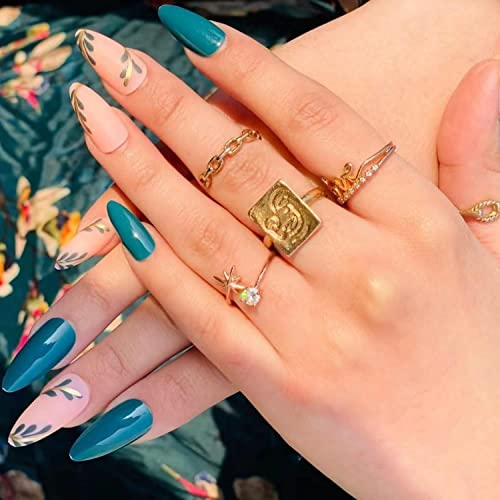 Medium Design Press On Nails Green Leaf Almond Nails Short Fake Nails For Women Acrylic Nail French Tip With Adhesive Tabs 24 Pcs #TOP4