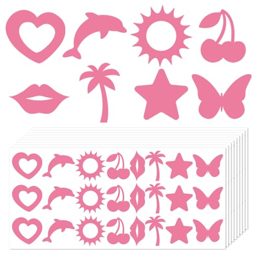 Whaline 240 Pcs Summer Tanning Sunbathing Stickers Heart Dolphin Sun Cherry Lip Tree Star Butterfly Tanning Decals Light Pink Self Adhesive Body Stickers for Beach Salon Party Supplies
