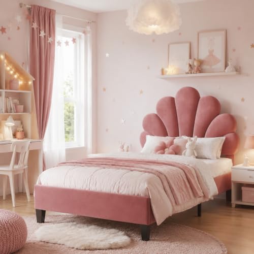 QLTXYHML - Cama infantil de 90 x 200, cama infantil 90 x 200 con somier, 1 persona, acolchada de terciopelo, cabecera de flores, concha ajustable en altura, ideal para niña/dormitorio princesa