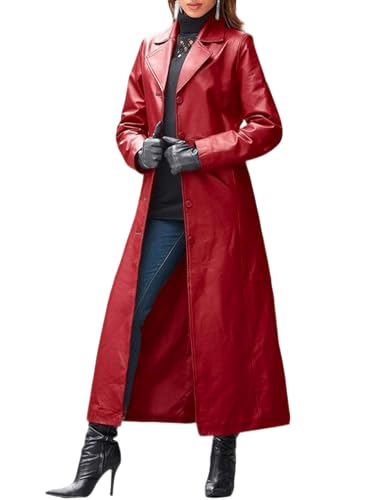 utcoco Womens Faux Leather Trench Coat Classic Lapel Button Down Maxi Jacket 2025 Stylish Overcoat (X-Large, Red)