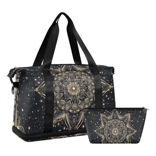 Black Golden Mandala Gothic Oversized Travel Duffel Bag Weekender Travel Overnight Bag with Toiletry Bag for Workout Large Capacity
