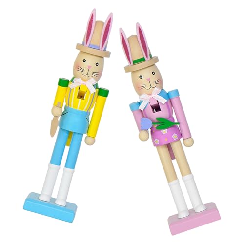 HAMPPLIES Figuras de Cascanueces de Conejo de Pascua de Madera 2 Piezas, Decoración de Mesa Central para Hogar y Fiestas, Adornos Detallados y Resistentes para Decoración Navideña y