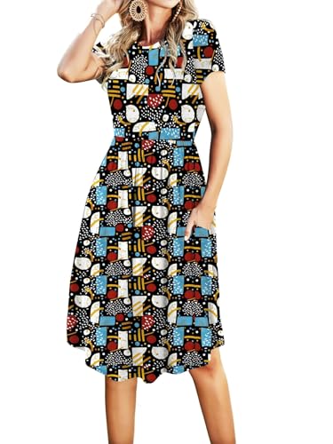 Image of Women Summer Swing Short Sleeve Pocket Midi Knee Work Casual Dress Travel Teacher School Outfit Color XL