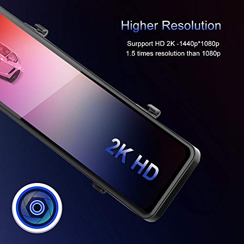 12" Mirror Dash Cam,Backup Camera with 1440p IPS Full Touch Screen, Rear View Mirror Camera with Loop Recording, Parking Monitor, Night Vision, Dual Lens Waterproof Front Rear Dash Camera for Car - Thumbnail 2