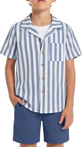Image of Arshiner Boys 2 Pieces Summer Beach Outfits Short Sleeve Button Down Shirts and Shorts Vacation Texture Sets for Kids