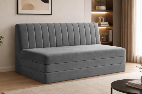 Image of 3-Seater Velvet Sofa Cum Bed | Convertible Sleeper Sofa | Modern Foldable Couch for Living Room, Bedroom & Office | Grey