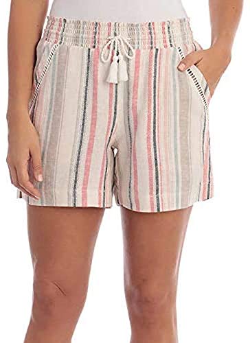 Briggs Women's Linen Blend Pull-On Shorts with Pockets and Drawstring (Pink, X-Large)