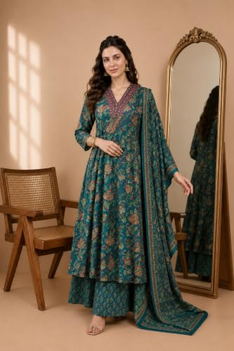 Image of Women's Rayon Printed Anarkali Kurta and Pant with Dupatta Set