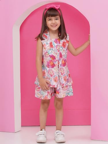 Image of AJ DEZINES Kids Clothing Floral Printed Pure Cotton Top Shorts With Jacket Cord Set for Girls