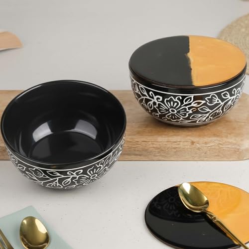 Image of The Earth Store Black Artvine Snack Bowl with Coasters /Lid Set for Kitchen | Dishwasher & Microwave Safe Serving Bowl for Snacks, Rice, Dal, Fruits, Salad | 500ML Set of 2
