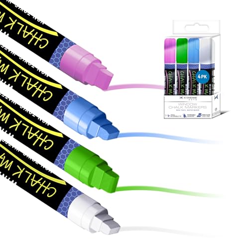 Xtreme Washable Window Markers for Cars, Liquid Chalk, Safe, Dust-Free, & Non-Toxic, Reversable 3 in 1 Tip, XXL Tip, 4 Jumbo Markers, for Glass, Mirrors, Metal, Vehicles, Dry Erase, Water Based