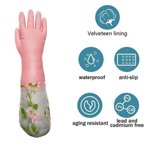 Image of Reusable Heavy Duty Hand gloves for Dishwashing, gardening, kitchen cleaning Non-Slippery & Durable Long Elbow Length(Inner cotton lining for comfort), 1 Pair (Vel Light Pink)