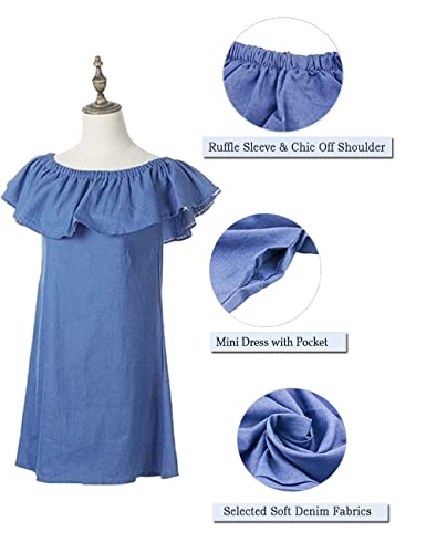 Image of Women's Blue Jean Dress Off Shoulder Ruffle Short Sleeve Loose Denim Mini Dress with Pocket