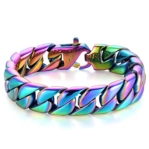 Stainless Steel Rainbow Curb Chain Cuban Chain Link Chain Bangle Bracelet for Men, Hip Hop Stylish