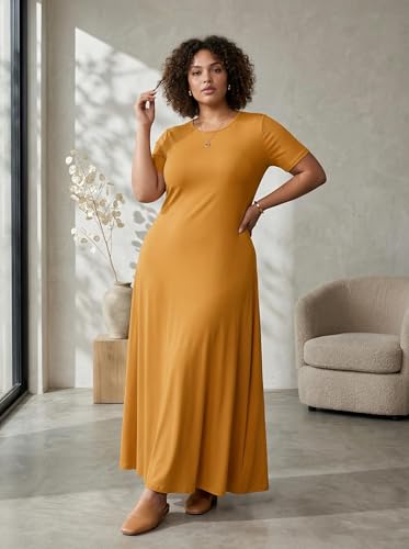 Image of SUZONANA Plus Size Maxi Dress for Curvy Women Summer Casual Sundress Short Sleeve Loose Vacation Dress