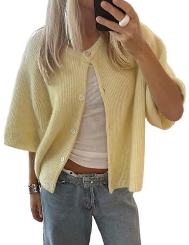 Women Short Sleeve Button Down Cropped Cardigan Sweater T-Shirts Y2k Girls Knit Pullover Crop Tops Fall Clothes
