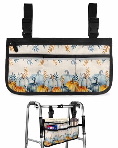 Anzona Yellow Blue Pumpkins Wheelchair Side Bag Walker Bag, Autumn Eucalyptus Leave Burlap Wheelchair Accessories Armrest Pouch, Organizer Storage Bag for Walkers, Rollators, Scooters, 7.3''x13''