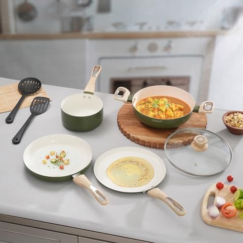 Velora Series Cook and Serve Cookware Set of 7 Pcs Non Stick Cookware Set with 2 Pcs Nylon Tool| Aluminium Body| Ceramic Non Stick Coating |ISI Certified | Olive Green