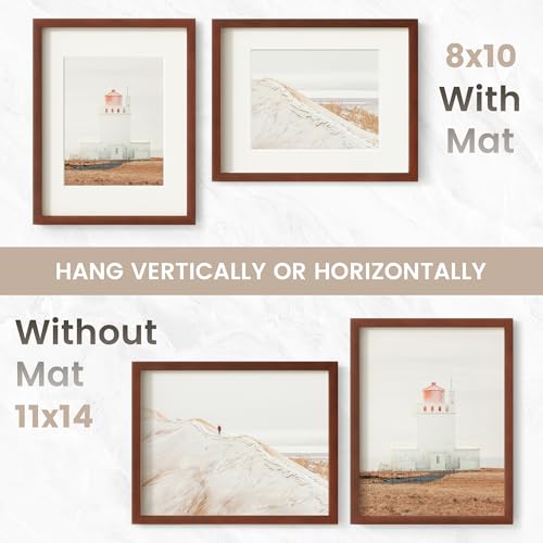 Image of 11x14 Picture Frame, USA-Sourced Natural Mahogany Wood Photo Collage Frame with HD Tempered Glass, Modern Simple 11 x 14 Wooden Frame Matted to 8x10, Vertical & Horizontal Wall Hanging Display