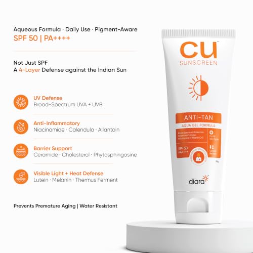 Image of CU Aqua Anti-Tan Sunscreen SPF 50 PA++++ | Broad Spectrum UVA /UVB Protection with Niacinamide & Ceramides | Blue Light & Heat Defense for All Skin Types | Barrier Strengthening & Pigment Defense | 50g
