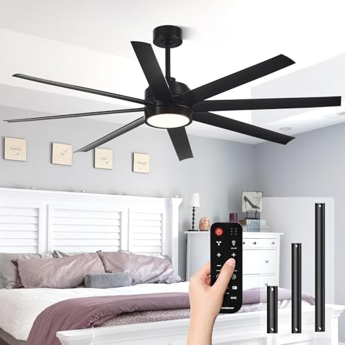 Modern Ceiling Fans with Lights, 65 Inch Ceiling Fan with Light and Remote for Bedroom Living Room Kitchen Office, Indoor/Outdoor Use, 24W 3CCT 8 Blades 6 Speed Reversible Quiet DC Motor, Black