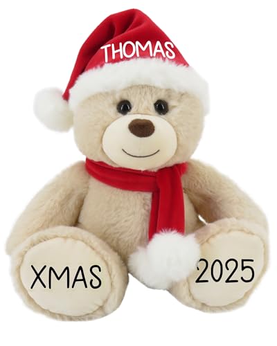 Personalized Christmas Bear 2025 – Custom 8.5” Beige Plush Teddy with Hat & Scarf – Cute Xmas Bear with Your Name & Year on Feet – Holiday...