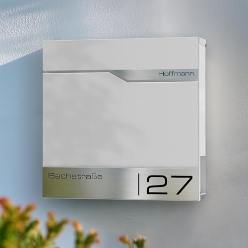 Metzler® Briefkasten Weiß mit Zeitungsfach, personalisiert mit Lasergravur, Wandbriefkasten mit austauschbarem Edelstahl-Namensschild… – Ansicht 4