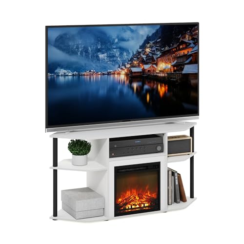 Image of Furinno Jensen Fireplace TV Stand, Corner Entertainment Center, TV Console for TV up to 55 Inch with Fireplace, Plastic Poles and Open Storage, for Living Room, Bedroom, Solid White