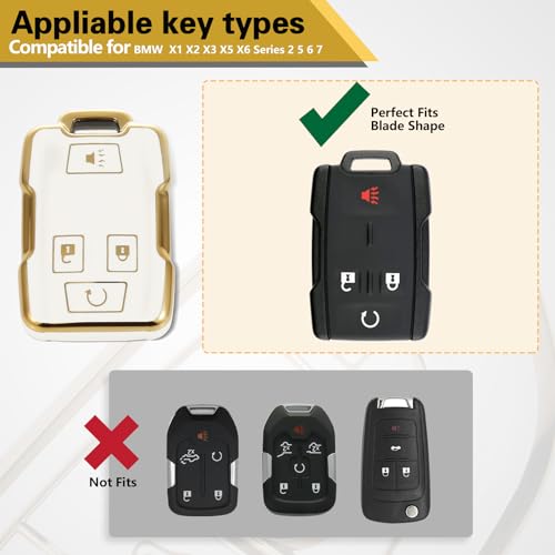 Image of Key Fob Cover for GMC, White Braided Loop Keychain, Gold Edge | Wear-resistant TPU shell, white PU braided short loop, daily splash, scratch and drop protection, normal signal use