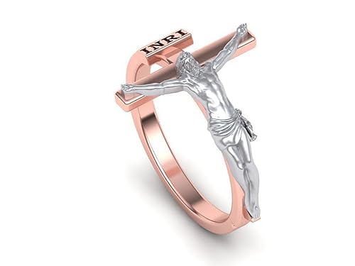 Ssjewel Art Deco Crucifix Jesus Christ Ring Two Tone Men Christian Jewelry Dainty Religious Sideways Cross Ring 14K Gold Plated 925 Sterling Silver Handcrafted Stacking Christmas Ring Gift For Her thumb #6