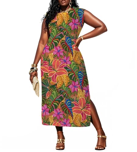 Image of UOUA Women Summer Maxi Dresses Plus Size Casual Hawaiian Sundress Sleeveless Loose Split Beach Dress with Pockets
