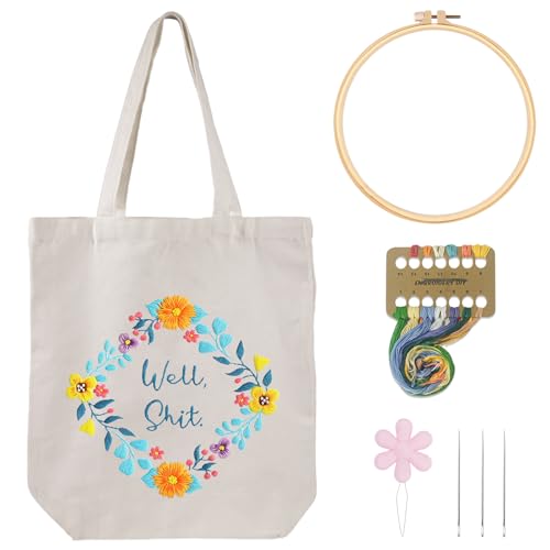 Louise Maelys Funny Embroidery Kit Canvas Tote Bag for Beginners,Cross Stitch Kits for Adults,DIY Crafts Needlepoint,Women Shopping Reusable Grocery Bags
