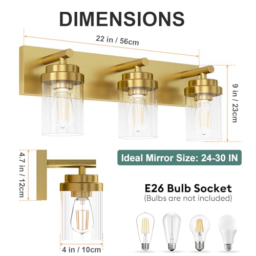 Image of IZORRO Bathroom Vanity Light Fixture, 3-Light 22 Inch Gold Bathroom Light Fixtures Over Mirror, with Clear Glass Shade, Modern Farmhouse Vanity Lights, Rustic Restroom Lighting Fixtures
