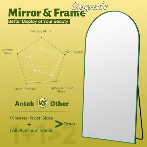 Full Length Mirror, 58"x18" Floor Mirror, Arch Floor Standing Mirrors Freestanding Arch Full Body Mirrors with Stand for Bedroom, Hanging Mounted for Living Room Cloakroom, Green
