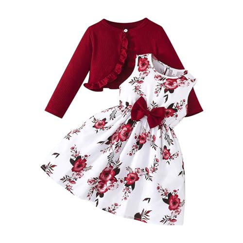 Mädchen Kleid 2-teiliges Ärmellos Blumenmkleid mit Langarm Strickjacke Kinder Baumwolle Kleidanzug Bowknot A-Linie Kleider Elegant Sommerkleid...