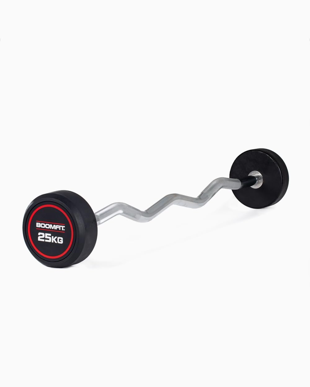 BOOMFIT Barra Z de Peso Fijo 10-25 kg | Acero Cromado con Extremos de Goma | Agarre curvo EZ que alivia muñecas y codos | Gama lista para usar sin montar discos | Bíceps, tríceps y press francés