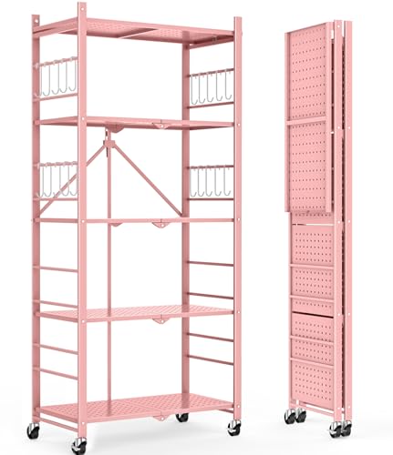 Image of Himix 5-Tier Folding Storage Shelves with 20 Hooks Wheels Home Pink | Folding shelving units, Metal collapsible organization, Wire shelf, No assembly, Kitchen, Room, Holds 440 Ibs No assembly