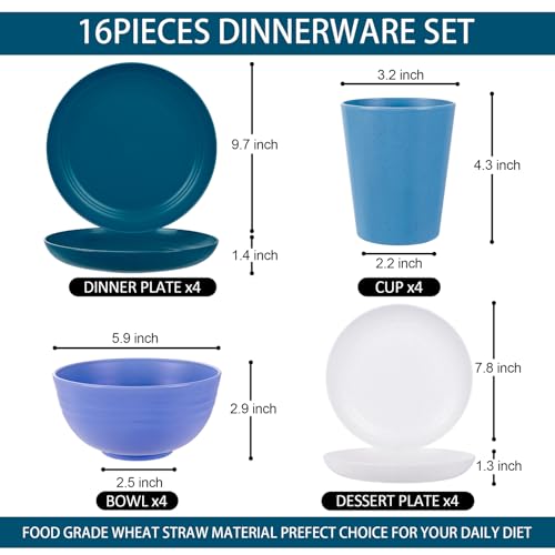 Image of Rubtlamp 16pcs Wheat Straw Dinnerware Set, Unbreakable Plates And Bowls Sets of 4, Plastic Plates Set Reusable (Cold Four Colors) for Camping